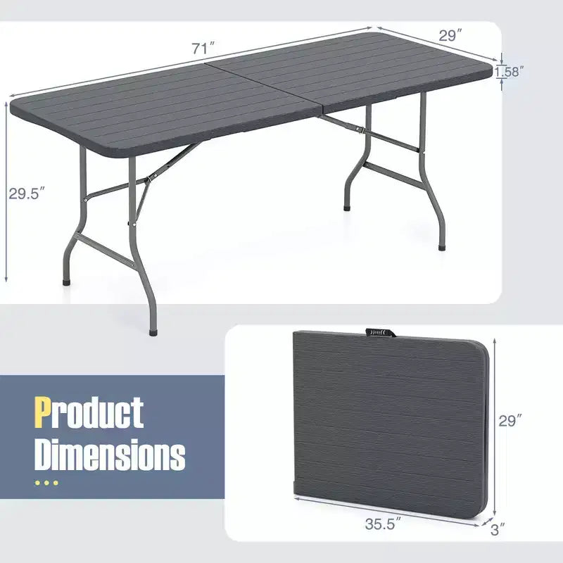 Tavolo Pieghevole Portatile da 183 cm con Piano in HDPE Effetto Legno Meccanismo di Blocco di Sicurezza Grigio/Marrone