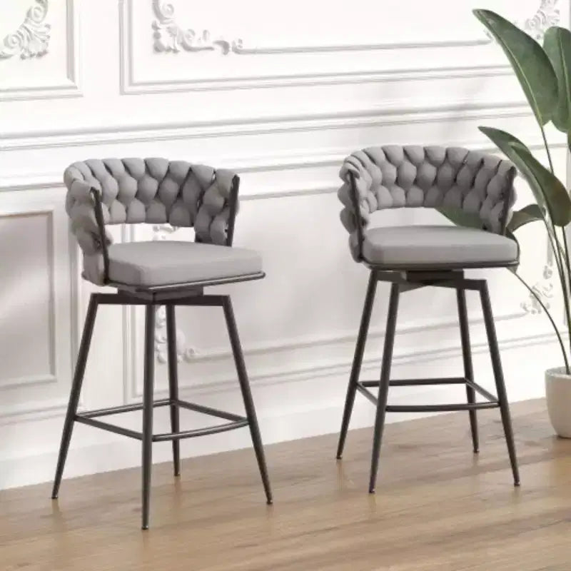 Back and Footrest Included, 2 Linen Woven Swivel Bar Stools Set, Non-Adjustable Kitchen Chairs