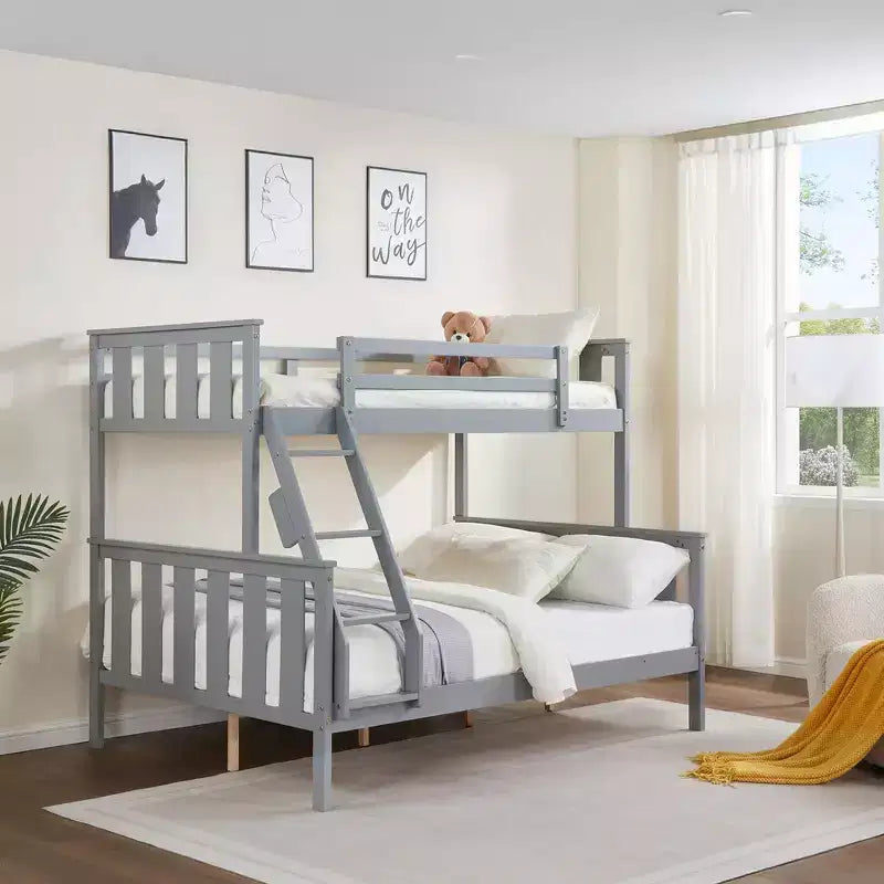 Twin over Full Bunk Bed with Ladder  Wooden Frame with High Guardrails for Kids  No Box Spring Needed  Sturdy and Space-Saving  Gray