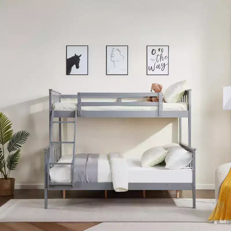 Letto a castello a due piazze con scaletta Telaio in legno con sponde alte per bambini Non è necessaria la rete a molle Robusto e salvaspazio Grigio