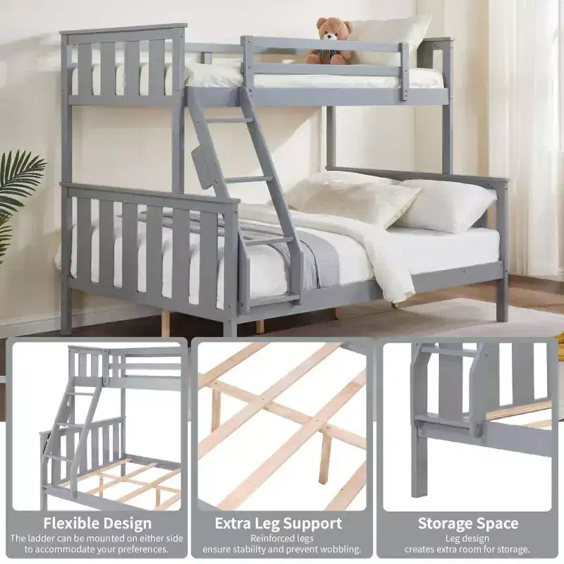 Letto a castello a due piazze con scaletta Telaio in legno con sponde alte per bambini Non è necessaria la rete a molle Robusto e salvaspazio Grigio
