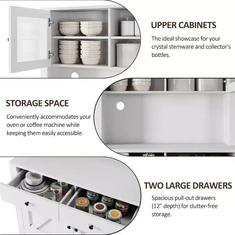 Dispensa da Cucina Autoportante con Cassetti e Credenza, Ripiani Regolabili e Supporto per Microonde, Unità di Stoccaggio Alta 160 cm per Sale da Pranzo
