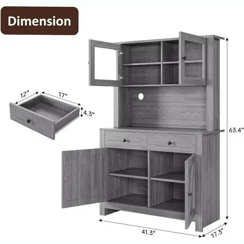 Dispensa da Cucina Autoportante con Cassetti e Credenza, Ripiani Regolabili e Supporto per Microonde, Unità di Stoccaggio Alta 160 cm per Sale da Pranzo