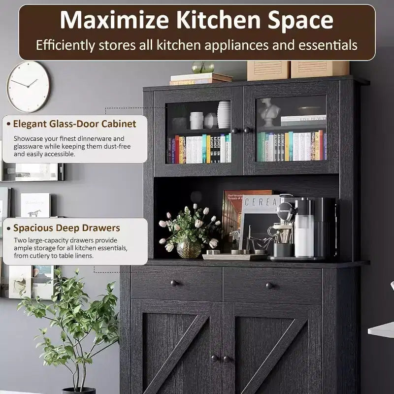 Dispensa da Cucina Autoportante con Cassetti e Credenza, Ripiani Regolabili e Supporto per Microonde, Unità di Stoccaggio Alta 160 cm per Sale da Pranzo