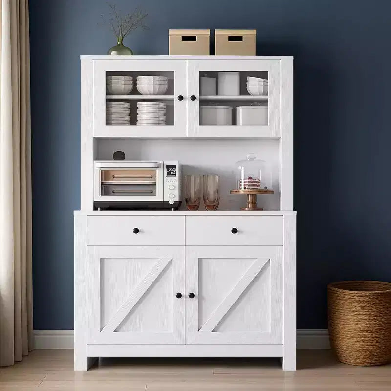 Dispensa da Cucina Autoportante con Cassetti e Credenza, Ripiani Regolabili e Supporto per Microonde, Unità di Stoccaggio Alta 160 cm per Sale da Pranzo