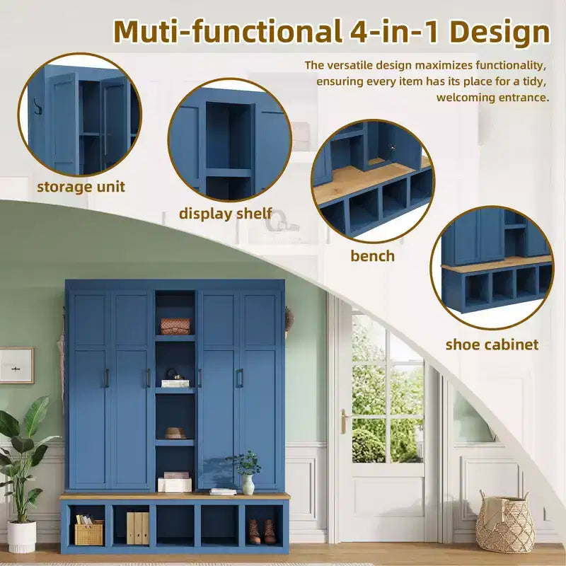Appendiabiti da ingresso 4 in 1 Blue Farmhouse con 6 ganci, panca in legno per mudroom con scomparti aperti
