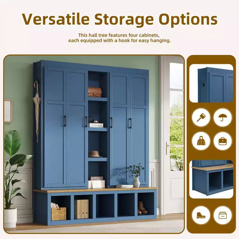 Appendiabiti da ingresso 4 in 1 Blue Farmhouse con 6 ganci, panca in legno per mudroom con scomparti aperti