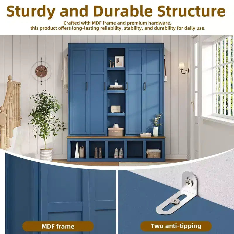 Appendiabiti da ingresso 4 in 1 Blue Farmhouse con 6 ganci, panca in legno per mudroom con scomparti aperti