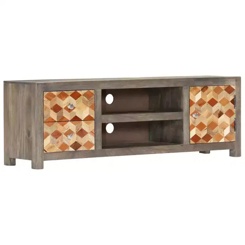 Mobile TV/porta media in legno massello di mango con due cassetti e un'anta, design scandinavo, grigio e marrone, 47,2x11,8x15,7