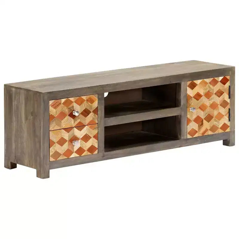 Mobile TV/porta media in legno massello di mango con due cassetti e un'anta, design scandinavo, grigio e marrone, 47,2x11,8x15,7