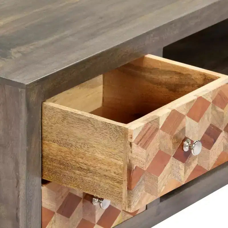 Mobile TV/porta media in legno massello di mango con due cassetti e un'anta, design scandinavo, grigio e marrone, 47,2x11,8x15,7