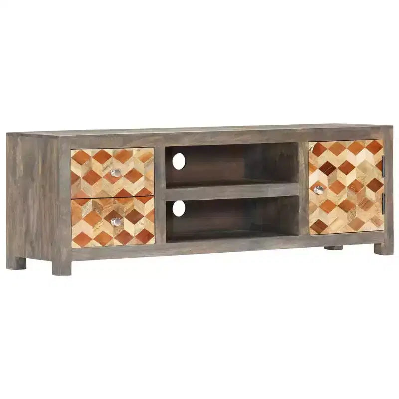Mobile TV/porta media in legno massello di mango con due cassetti e un'anta, design scandinavo, grigio e marrone, 47,2x11,8x15,7