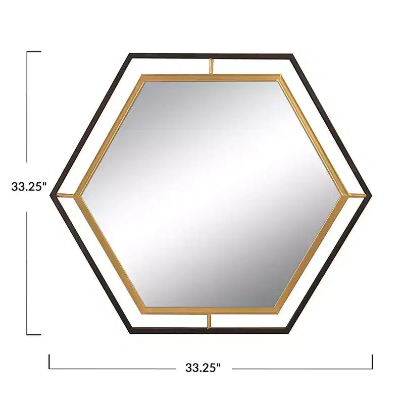 Specchio da parete esagonale con cornice in metallo bicolore, nero e oro