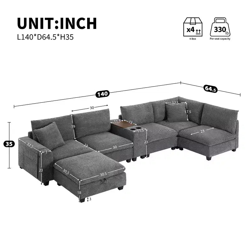 Divano sezionale modulare a U extra large da 140" con poggiapiedi, consolle, caricatore USB, portabicchieri, contenitore e rivestimento in velluto a coste, 6 posti per soggiorno