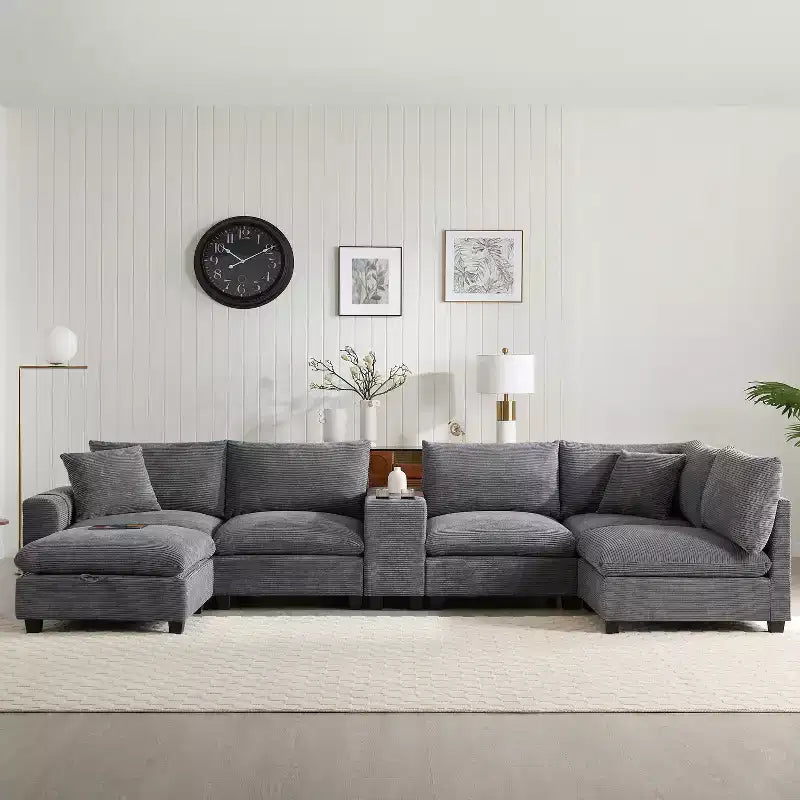 Divano sezionale modulare a U extra large da 140" con poggiapiedi, consolle, caricatore USB, portabicchieri, contenitore e rivestimento in velluto a coste, 6 posti per soggiorno