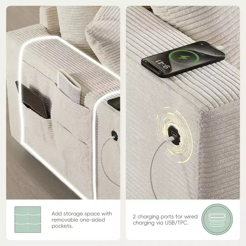 Divano sezionale modulare a U extra large da 140" con poggiapiedi, consolle, caricatore USB, portabicchieri, contenitore e rivestimento in velluto a coste, 6 posti per soggiorno