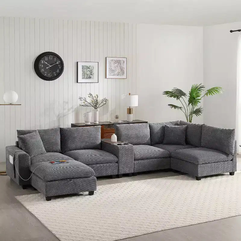 Divano sezionale modulare a U extra large da 140" con poggiapiedi, consolle, caricatore USB, portabicchieri, contenitore e rivestimento in velluto a coste, 6 posti per soggiorno