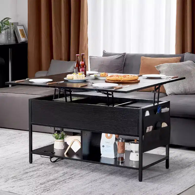 Tavolino da Caffè con Piano Sollevabile, Tavolino Rettangolare da 100 cm, Tavolino Ribaltabile con Presa Elettrica & USB & Illuminazione Ambientale, Nero