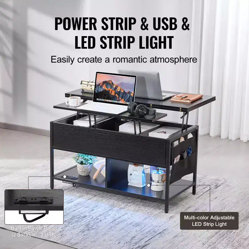 Tavolino da Caffè con Piano Sollevabile, Tavolino Rettangolare da 100 cm, Tavolino Ribaltabile con Presa Elettrica & USB & Illuminazione Ambientale, Nero