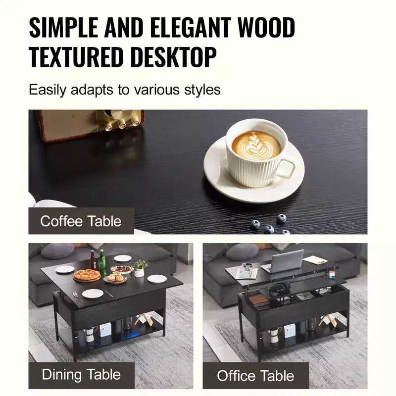 Tavolino da Caffè con Piano Sollevabile, Tavolino Rettangolare da 100 cm, Tavolino Ribaltabile con Presa Elettrica & USB & Illuminazione Ambientale, Nero