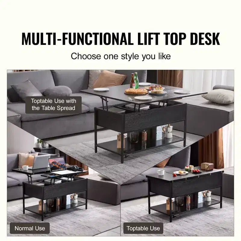 Tavolino da Caffè con Piano Sollevabile, Tavolino Rettangolare da 100 cm, Tavolino Ribaltabile con Presa Elettrica & USB & Illuminazione Ambientale, Nero