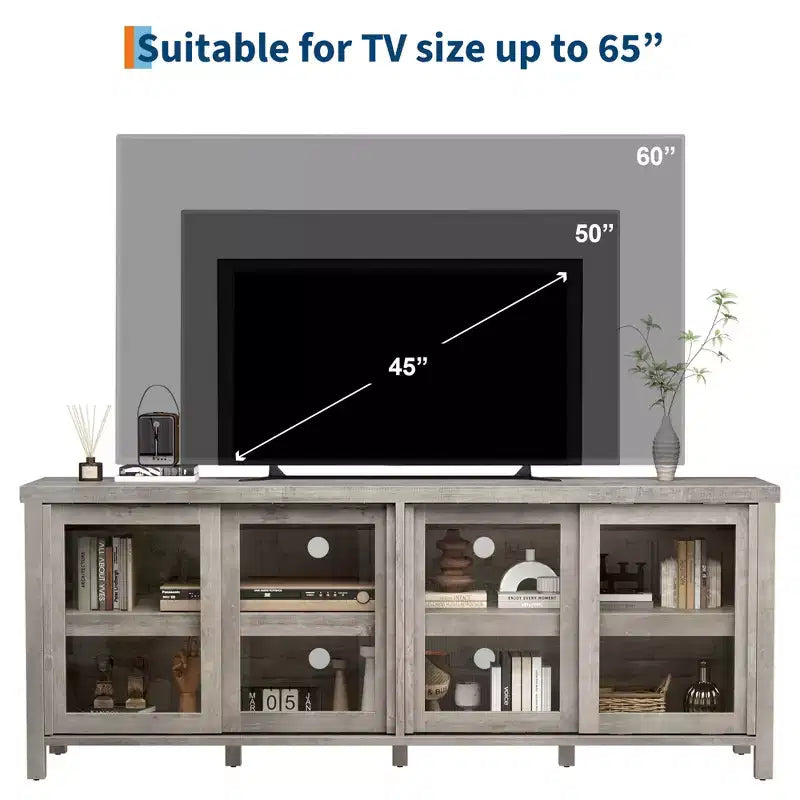 Mobile TV per 65 pollici, Centro di intrattenimento con mobiletto e 4 ante scorrevoli in vetro, Tavolino consolle per soggiorno e camera da letto
