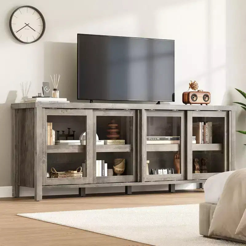 Mobile TV per 65 pollici, Centro di intrattenimento con mobiletto e 4 ante scorrevoli in vetro, Tavolino consolle per soggiorno e camera da letto