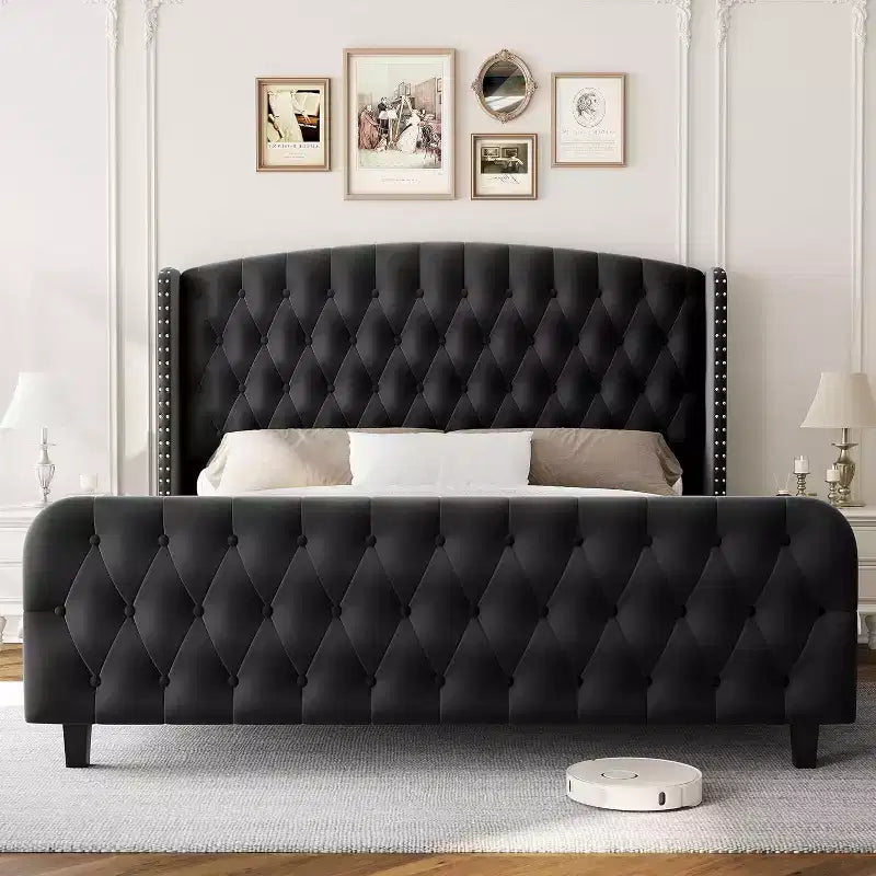 51 Cornice Letto Queen in Velluto Crema - Testiera con Ali, Trapuntatura Profonda con Bottoni, Nessuna Rete a Molle Necessaria, Facile Montaggio