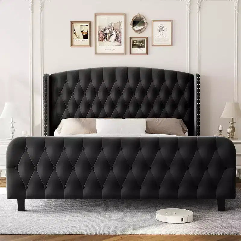 51 Cornice Letto Queen in Velluto Crema - Testiera con Ali, Trapuntatura Profonda con Bottoni, Nessuna Rete a Molle Necessaria, Facile Montaggio