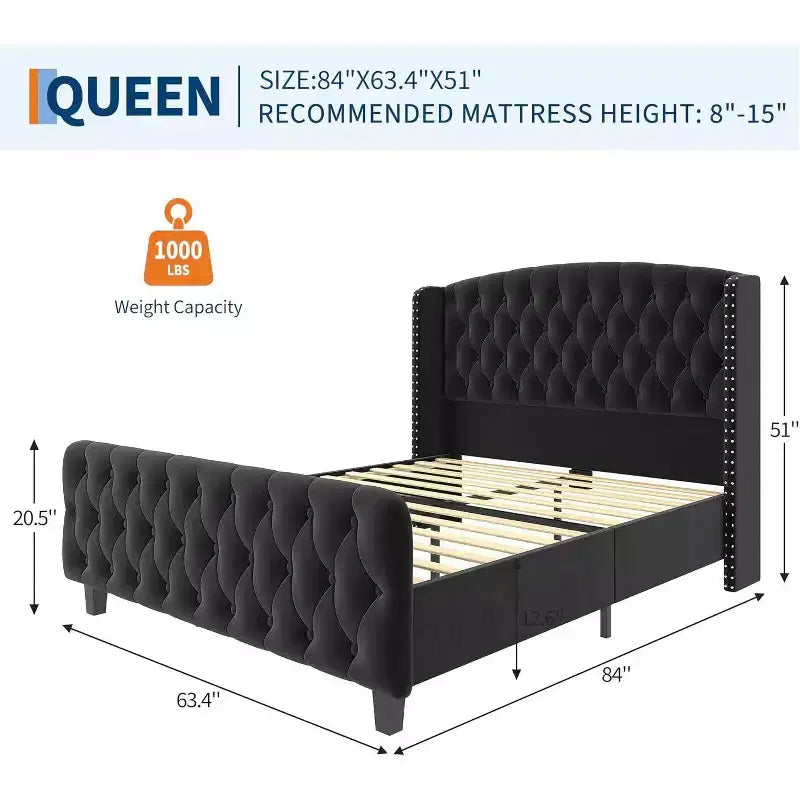 51 Cornice Letto Queen in Velluto Crema - Testiera con Ali, Trapuntatura Profonda con Bottoni, Nessuna Rete a Molle Necessaria, Facile Montaggio