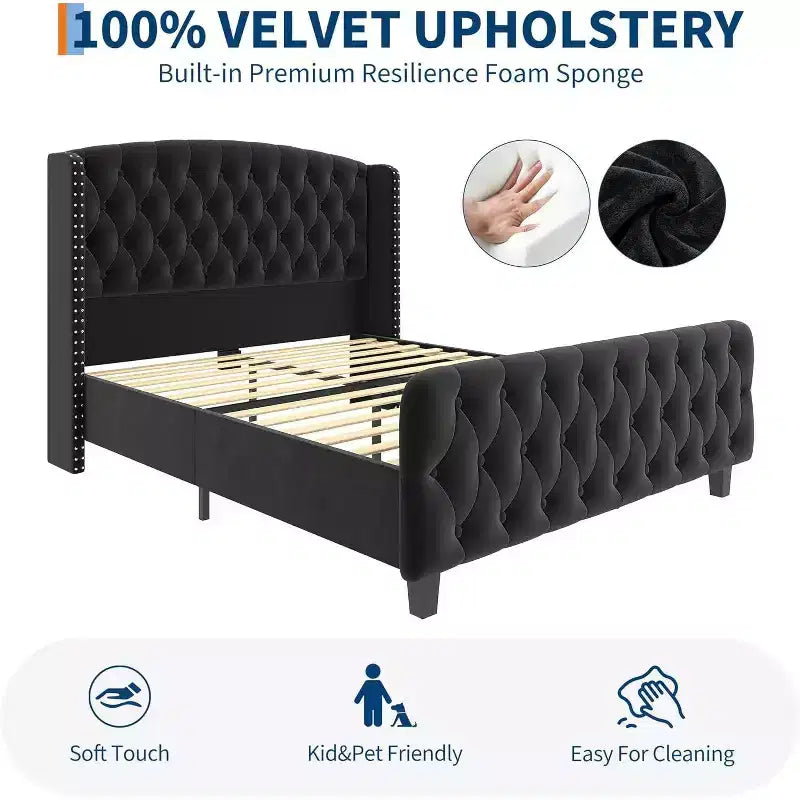 51 Cornice Letto Queen in Velluto Crema - Testiera con Ali, Trapuntatura Profonda con Bottoni, Nessuna Rete a Molle Necessaria, Facile Montaggio