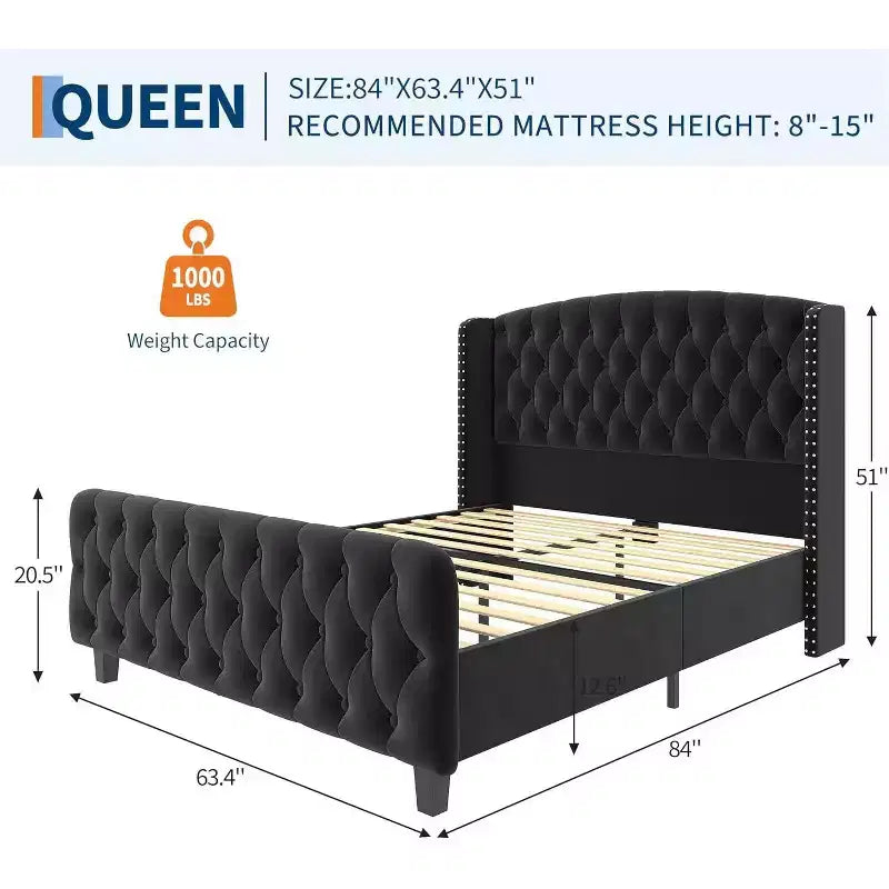 51 Cornice Letto Queen in Velluto Crema - Testiera con Ali, Trapuntatura Profonda con Bottoni, Nessuna Rete a Molle Necessaria, Facile Montaggio
