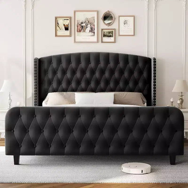 51 Cornice Letto Queen in Velluto Crema - Testiera con Ali, Trapuntatura Profonda con Bottoni, Nessuna Rete a Molle Necessaria, Facile Montaggio