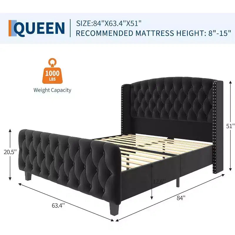 51 Cornice Letto Queen in Velluto Crema - Testiera con Ali, Trapuntatura Profonda con Bottoni, Nessuna Rete a Molle Necessaria, Facile Montaggio