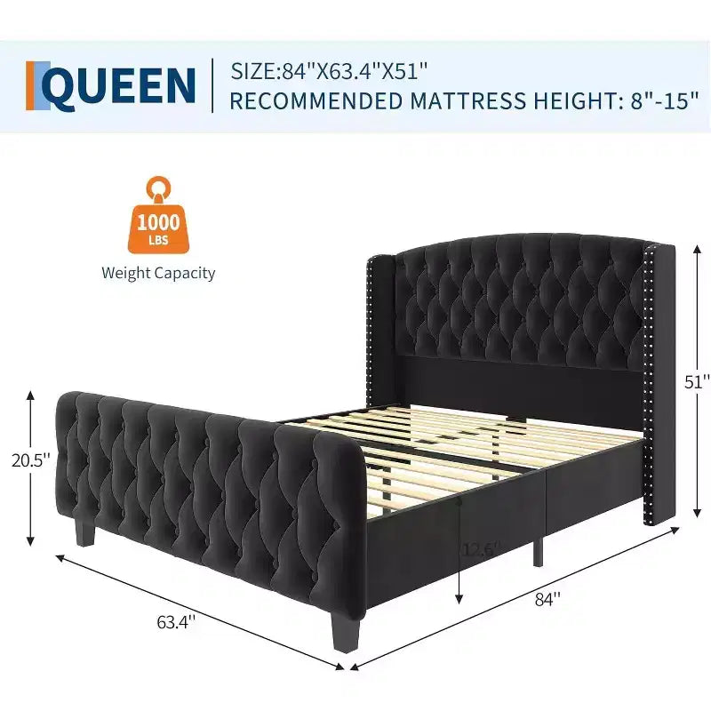 51 Cornice Letto Queen in Velluto Crema - Testiera con Ali, Trapuntatura Profonda con Bottoni, Nessuna Rete a Molle Necessaria, Facile Montaggio