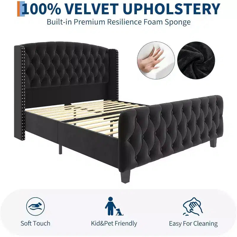 51 Cornice Letto Queen in Velluto Crema - Testiera con Ali, Trapuntatura Profonda con Bottoni, Nessuna Rete a Molle Necessaria, Facile Montaggio