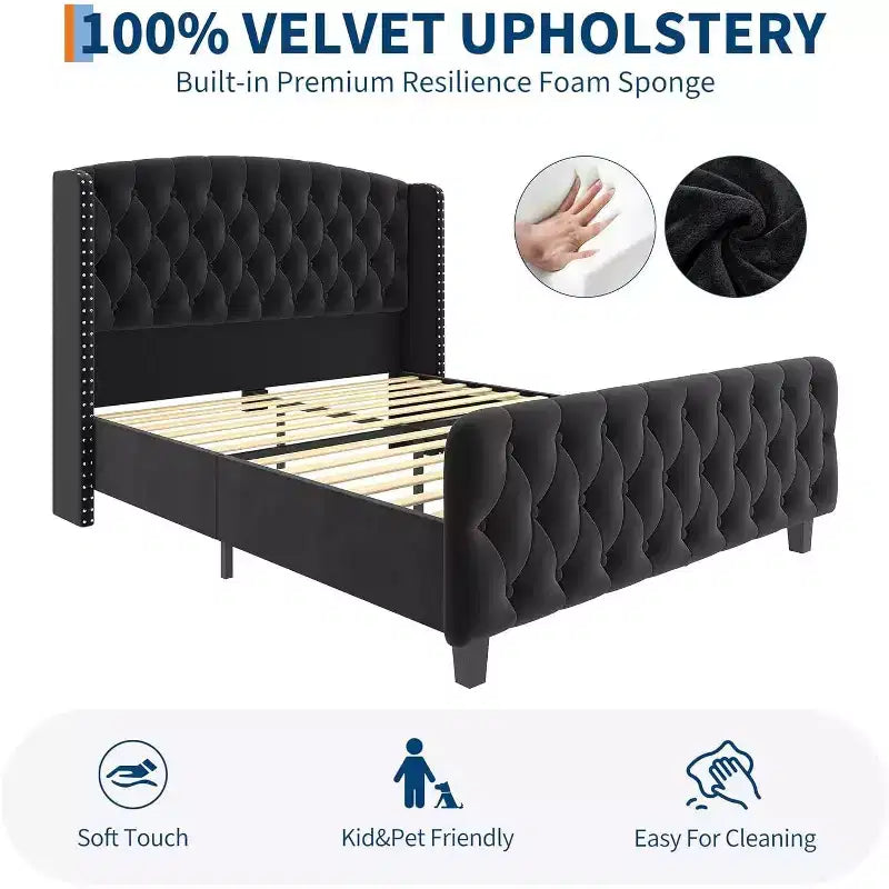 51 Cornice Letto Queen in Velluto Crema - Testiera con Ali, Trapuntatura Profonda con Bottoni, Nessuna Rete a Molle Necessaria, Facile Montaggio