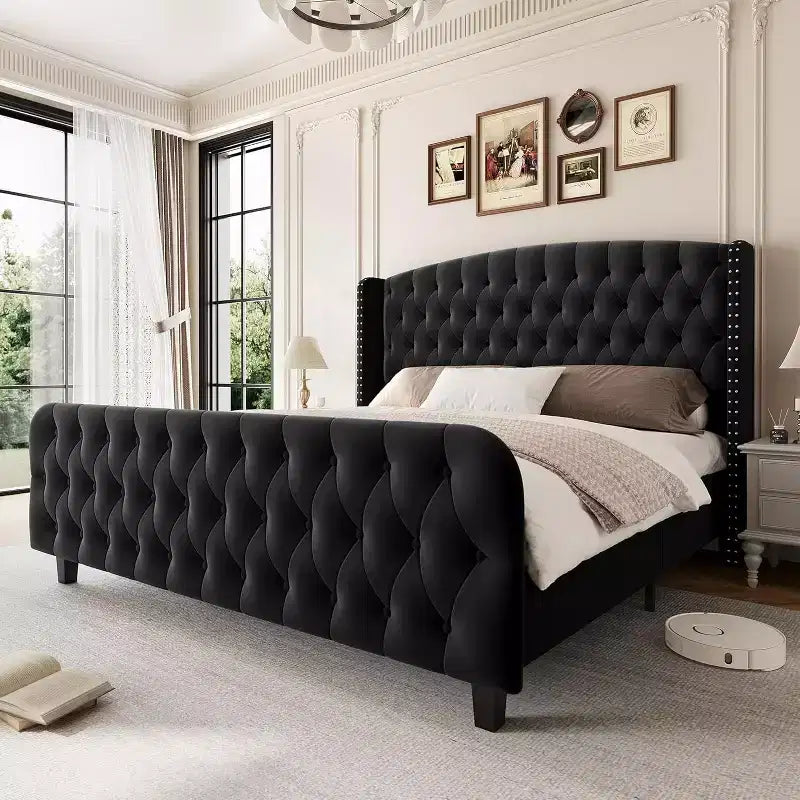 51 Cornice Letto Queen in Velluto Crema - Testiera con Ali, Trapuntatura Profonda con Bottoni, Nessuna Rete a Molle Necessaria, Facile Montaggio