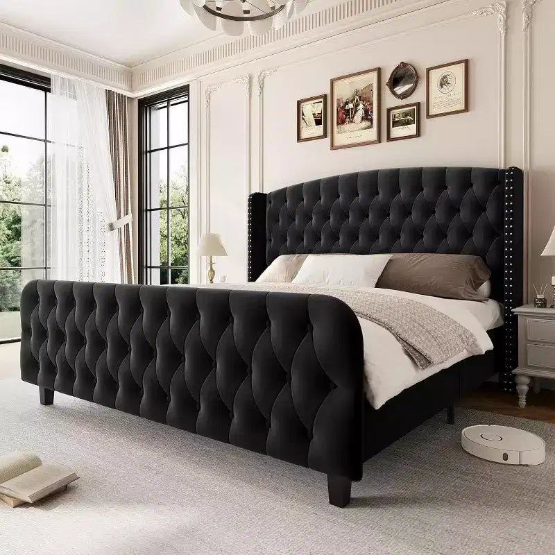51 Cornice Letto Queen in Velluto Crema - Testiera con Ali, Trapuntatura Profonda con Bottoni, Nessuna Rete a Molle Necessaria, Facile Montaggio