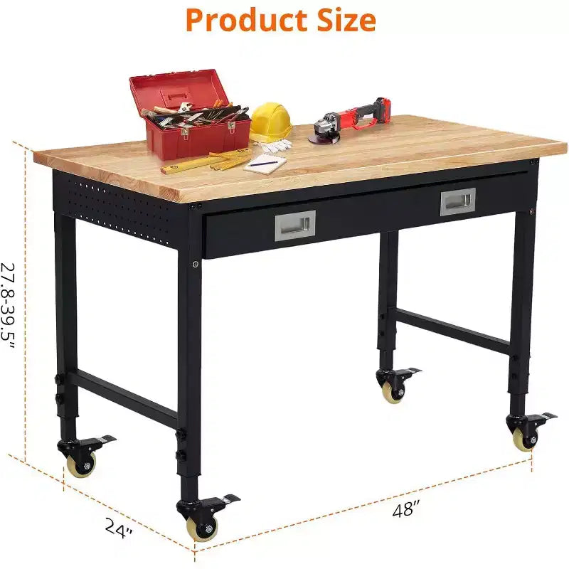 Banco da Lavoro Regolabile in Altezza 48 x 24, Banco da Lavoro con Piano in Legno di Gomma Resistente con Cassetto Portaoggetti e Pannello Forato, Capacità di Carico 2000 LBS, Porta Utensili