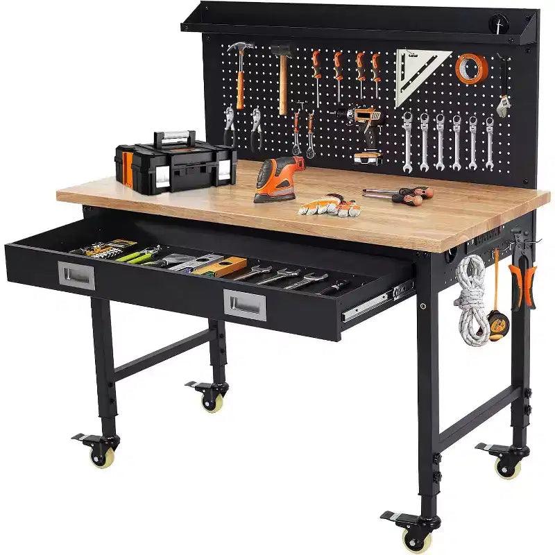 Banco da Lavoro Regolabile in Altezza 48 x 24, Banco da Lavoro con Piano in Legno di Gomma Resistente con Cassetto Portaoggetti e Pannello Forato, Capacità di Carico 2000 LBS, Porta Utensili