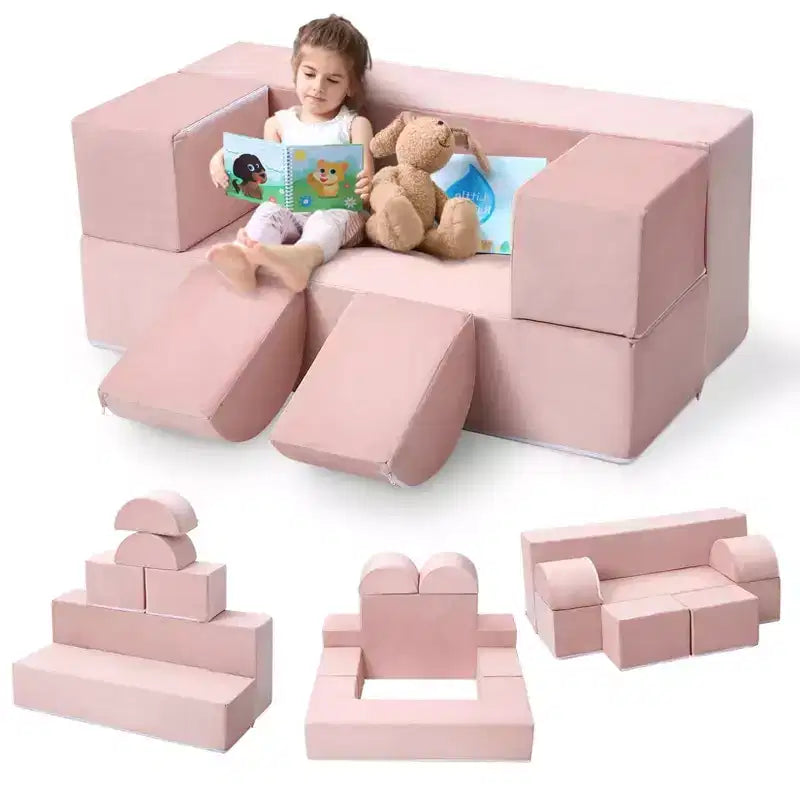 Divano modulare per bambini 6 pezzi, set divano gioco in schiuma con cuscini staccabili, divano morbido convertibile per neonati e bambini