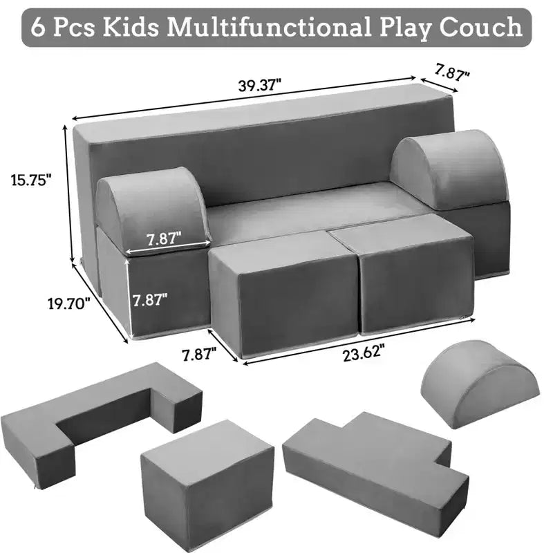 Divano modulare per bambini 6 pezzi, set divano gioco in schiuma con cuscini staccabili, divano morbido convertibile per neonati e bambini