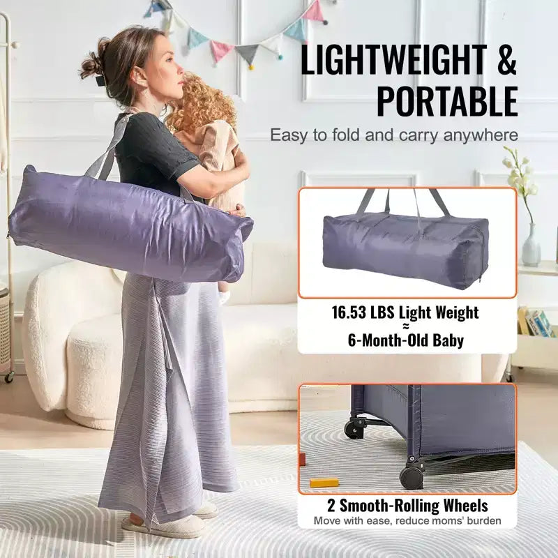 Box per Bambini da Viaggio, Box Pieghevole Veloce per Neonati e Bambini, Box Portatile con Ruote, Rete Traspirante e Borsa da Viaggio, Grigio