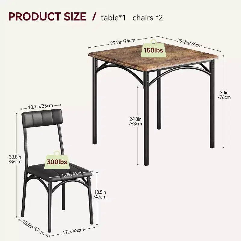 Set da pranzo quadrato rustico moderno, tavolo L 29,2' x P 30,1' A, sedie 33,7' 18,4' 17', 2 persone, metallo e MDF, facile da montare, salvaspazio