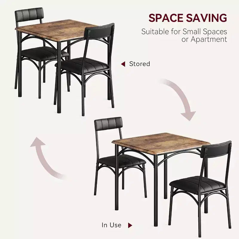Set da pranzo quadrato rustico moderno, tavolo L 29,2' x P 30,1' A, sedie 33,7' 18,4' 17', 2 persone, metallo e MDF, facile da montare, salvaspazio
