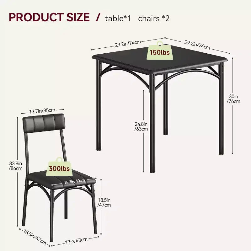 Set da pranzo quadrato rustico moderno, tavolo L 29,2' x P 30,1' A, sedie 33,7' 18,4' 17', 2 persone, metallo e MDF, facile da montare, salvaspazio