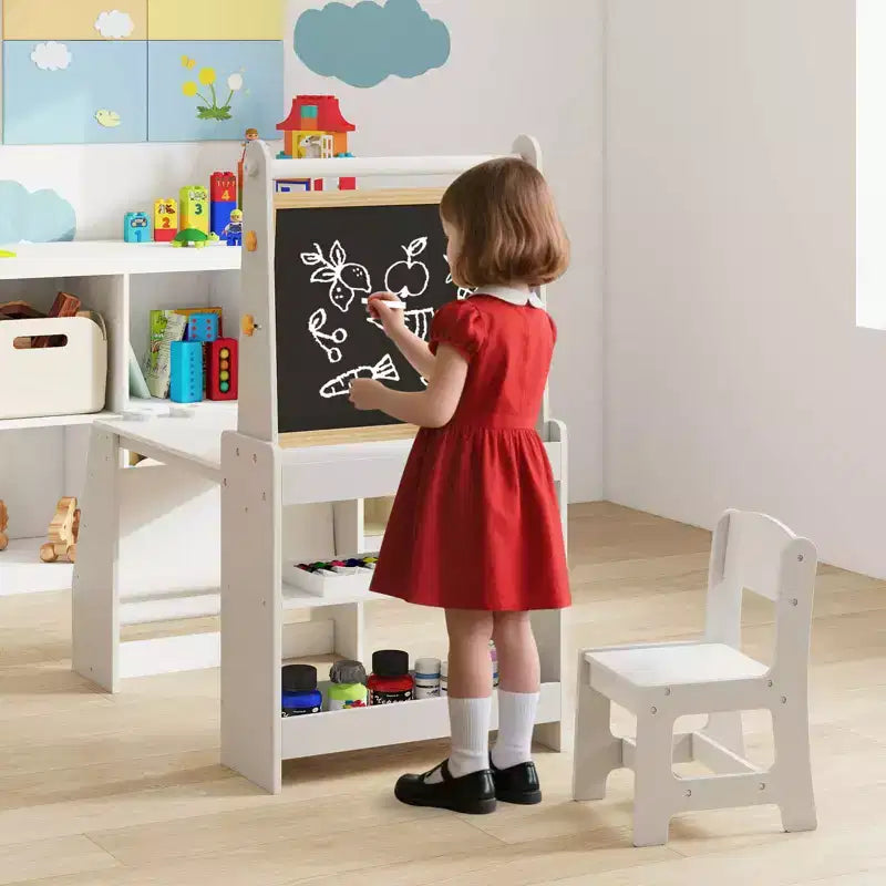 Tavolo e sedie per bambini con cavalletto, lavagna bianca, lavagna a gesso e rotolo di carta