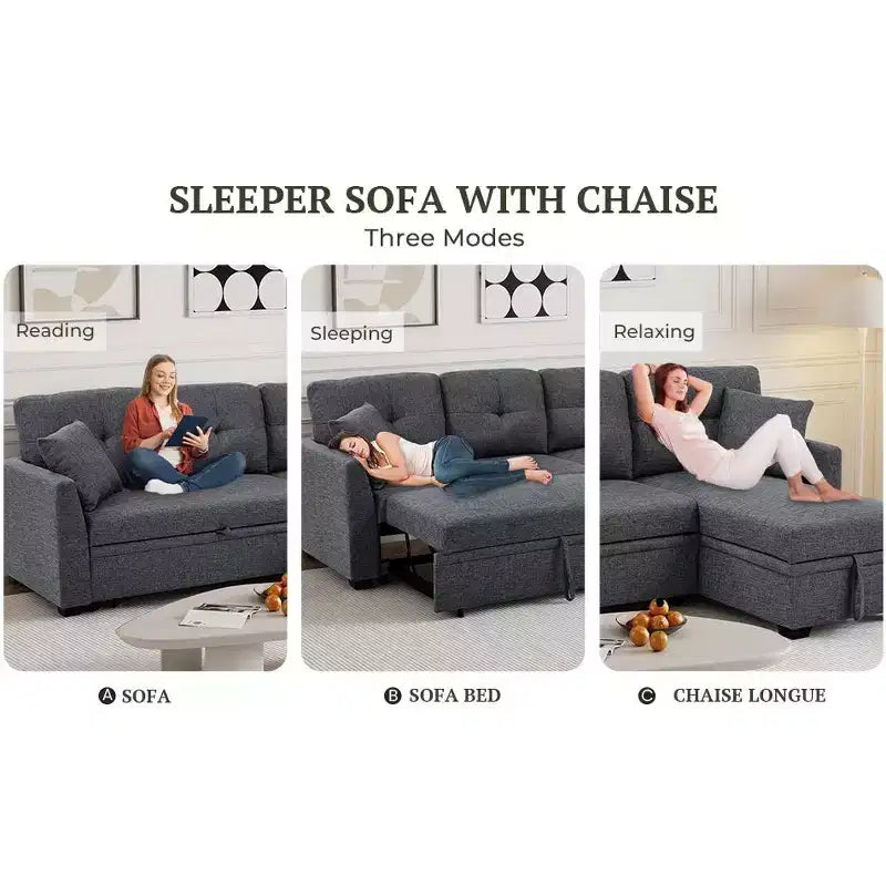 Divano sezionale moderno 86 con chaise longue reversibile, divano letto a 3 posti trasformabile a L, divano estraibile in tessuto simile al lino, grigio
