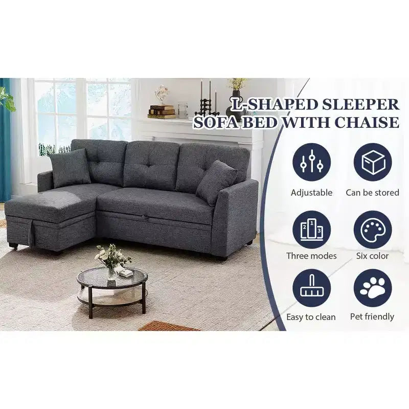 Divano sezionale moderno 86 con chaise longue reversibile, divano letto a 3 posti trasformabile a L, divano estraibile in tessuto simile al lino, grigio
